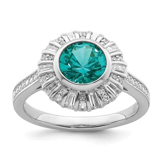 Classic Wedding Band with Textured Surface for Men-Sterling Silver White and Teal CZ Halo Ring