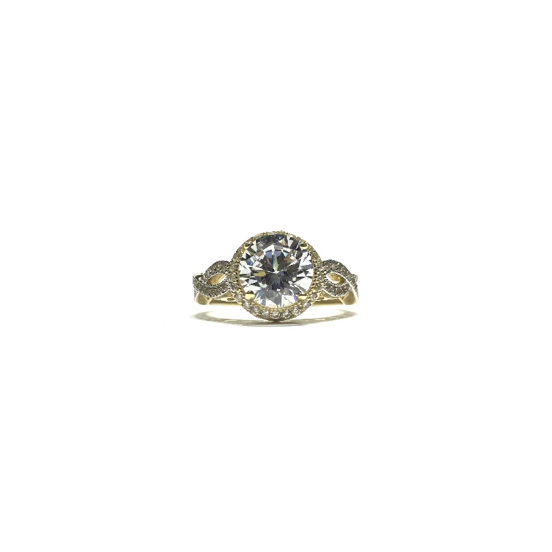 Trendy Band Ring with Gemstone for Everyday Use-Round CZ Halo Twisted Ring (14K)