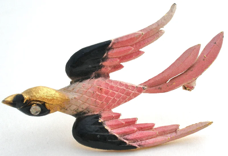 Enamel Brooch With Bright Colors-Pink & Black Swallow Bird Brooch Pin by Mamselle Vintage