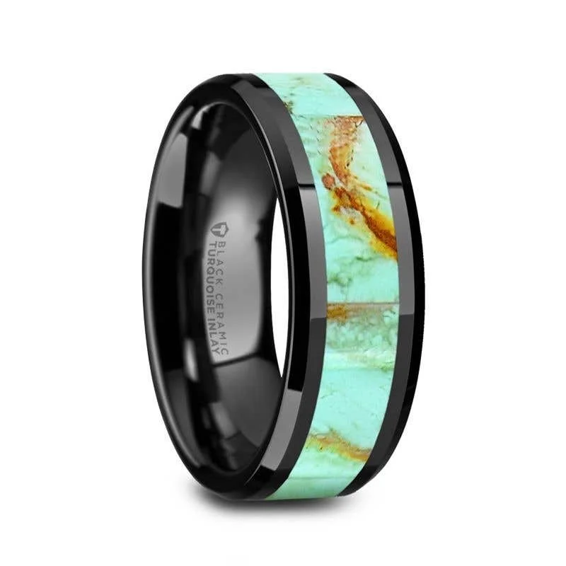 Simple Silver Ring with Custom Birthstone-Thorsten PIETRO Polished Black Ceramic Wedding Band with Light Blue Turquoise Stone Inlay & Polished Beveled Edges - 8mm