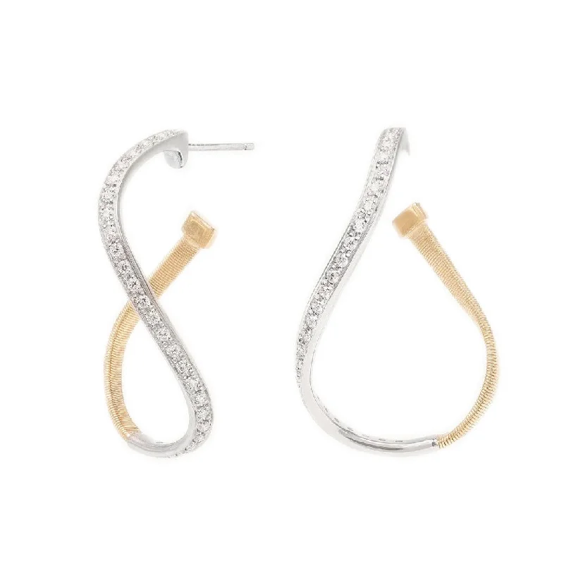 Custom Pearl Earrings for Brides-Marco Bicego Marrakech 18K Yellow Gold Twisted Irregular Small Hoops with Pave Diamonds