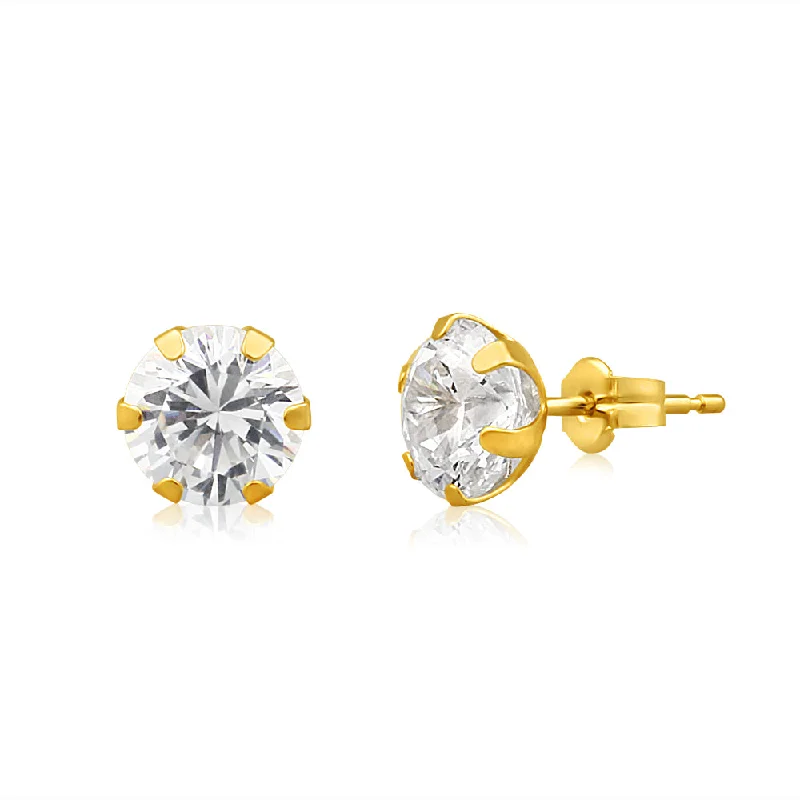 Statement Earrings with Diamonds-9ct Yellow Gold Cubic Zirconia 7mm 6 Claw Stud Earrings