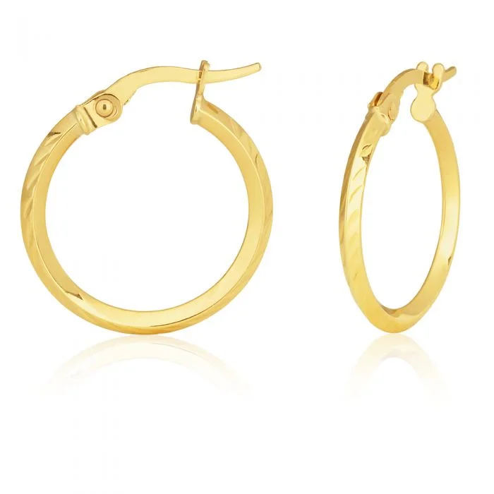 Gold Plated Earrings for Women-9ct Yellow Gold Diamond Cut 15mm Hoop Earrings