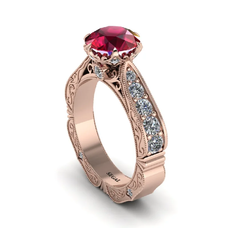 Personalized Ring with Sapphire and Diamonds for Weddings-Ruby Victorian Scroll Engagement Ring - Kehlani No. 11