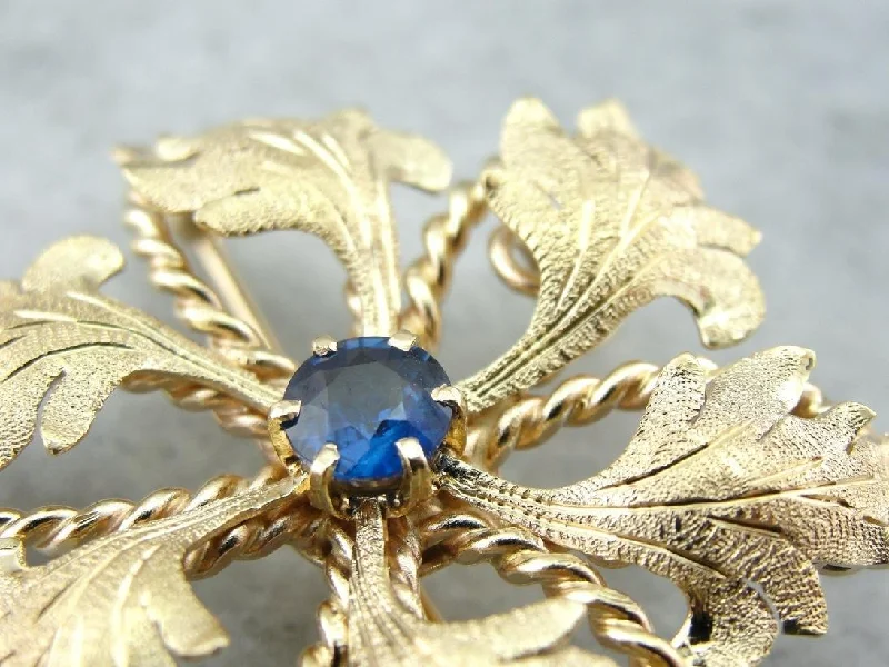 Vintage Brooch For Scarves-Vintage Floral Brooch or Pendant with Sapphire Center