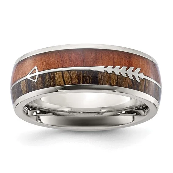 Personalized Silver Wedding Band with Engraving-Stainless Steel Polished with Wood Inlay Arrow 8mm Band