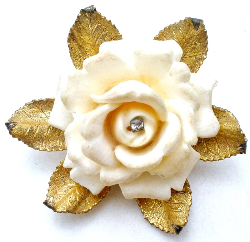 Stylish Brooch For Vintage Dresses-Miriam Haskell Celluoid Rhinestone Rose Brooch Pin