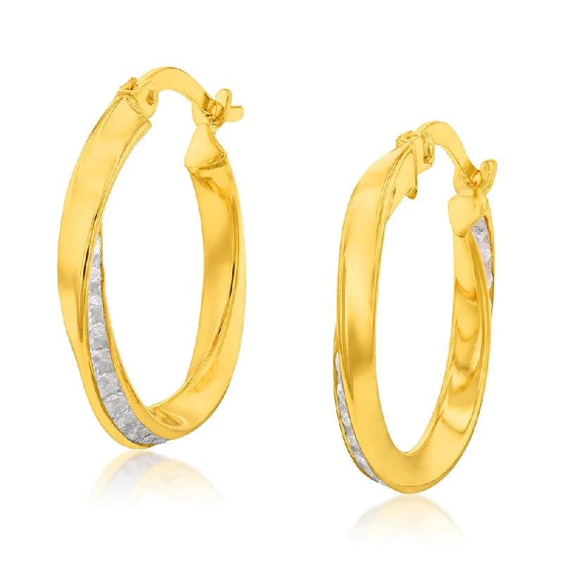 Statement Earrings for Special Events-9ct Yellow Gold Silverfilled Cubic Zirconia On Twisted 15mm Hoop Earrings