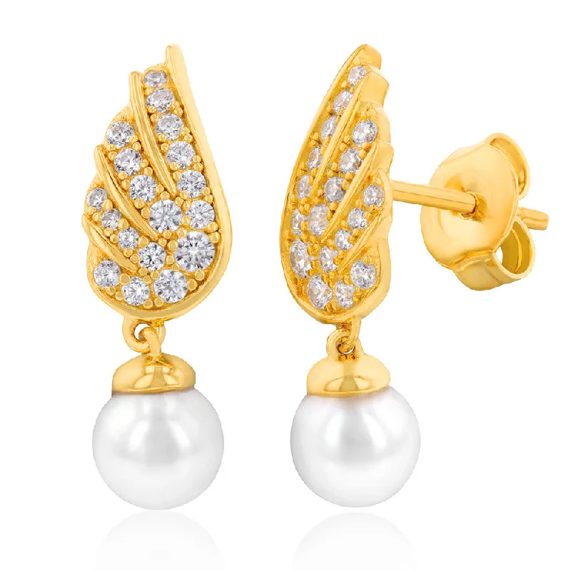 Handmade Gemstone Earrings-Gold Plated Silver Fresh Water Pearl & Cubic Zirconia On Wings  Drop Earrings