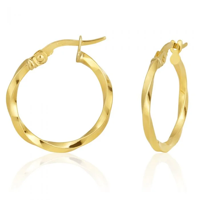 Classic Pearl Drop Earrings for Weddings-9ct Yellow Gold 15mm Twist Hoop Earrings