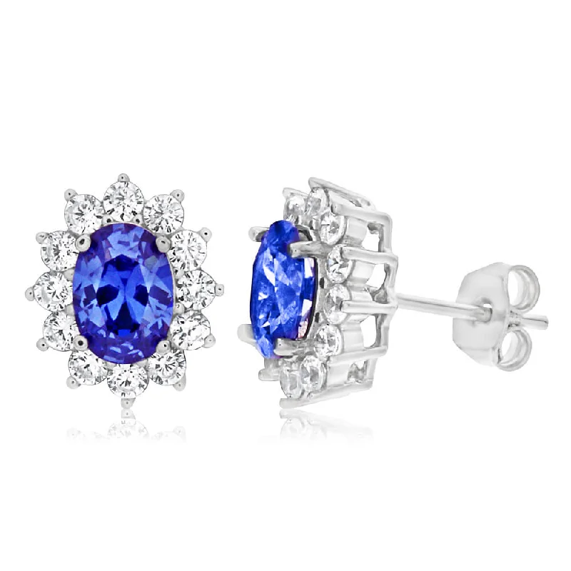 Luxury Silver Earrings for Special Occasions-Sterling Silver Cubic Zirconia Blue Cluster Halo Stud Earrings