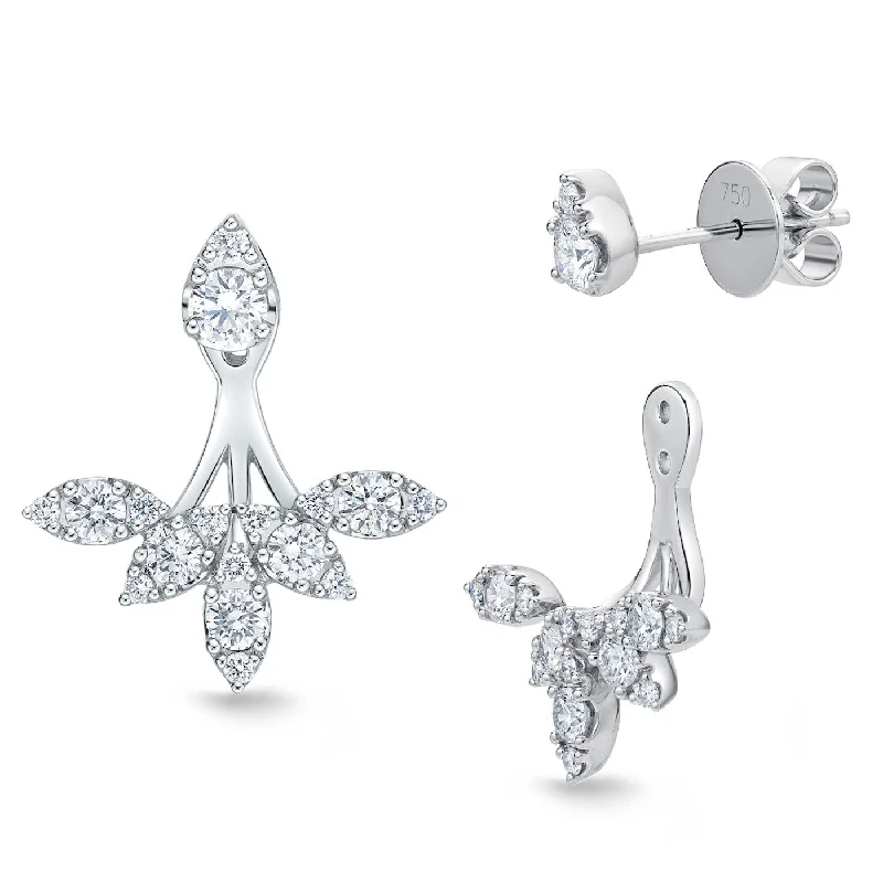 Custom Wedding Earrings-Memoire 18k White Gold Diamond Studs with Vintage Petal Jacket