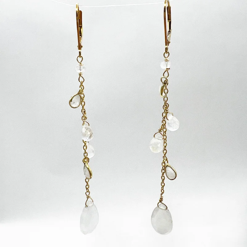 Personalized Wedding Earrings with Gems-Golden Briolette Moonstone Long Drop Earrings