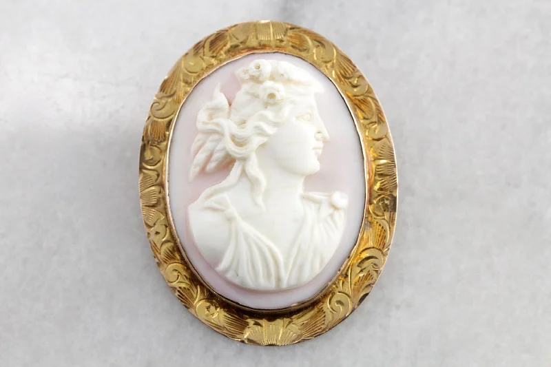 Brooch For Stylish Bridesmaids-Antique Pink Conch Shell Cameo Brooch or Pendant, Caribbean Conch Shell from the Art Nouveau Era