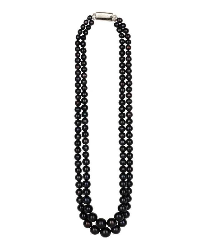 Layered Necklace with Silver Chains-Elegant Black Pearl Necklace