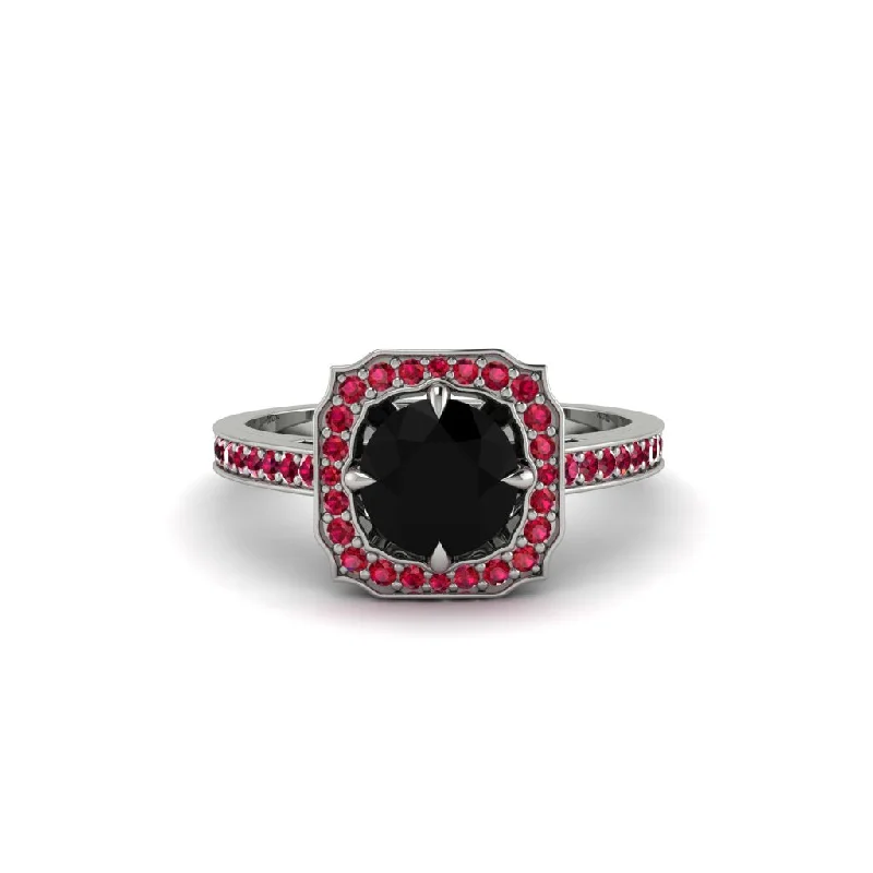 Custom Heart-shaped Engagement Ring with Gemstone-Black Diamond Cathedral Halo Engagement Ring - Luciana No. 54