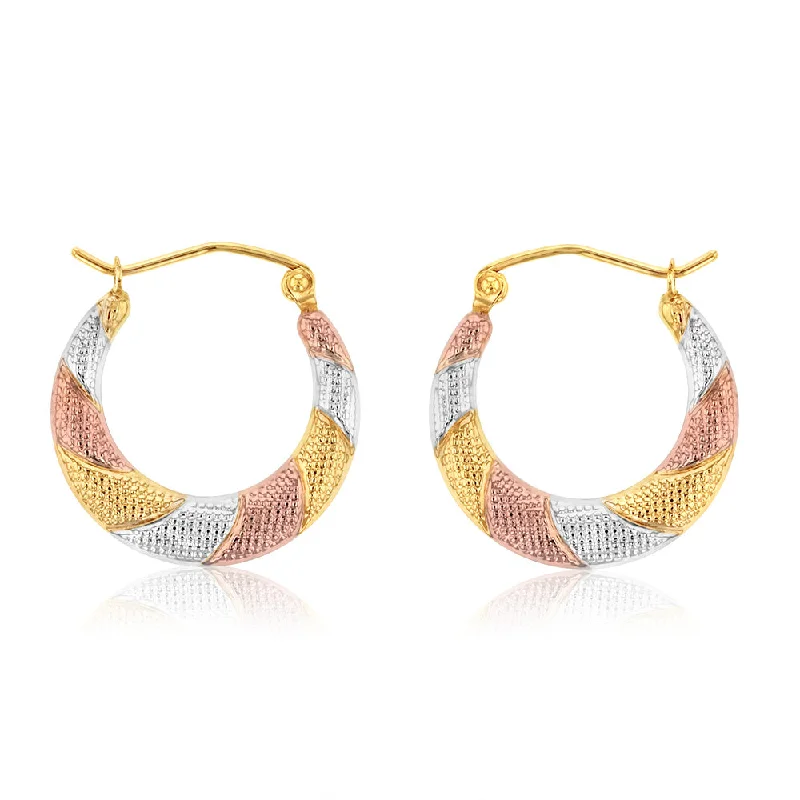 Personalized Birthstone Earrings for Girls-9ct Yellow, Red And White Gold Three Tone Textured Creole Hoop Earrings