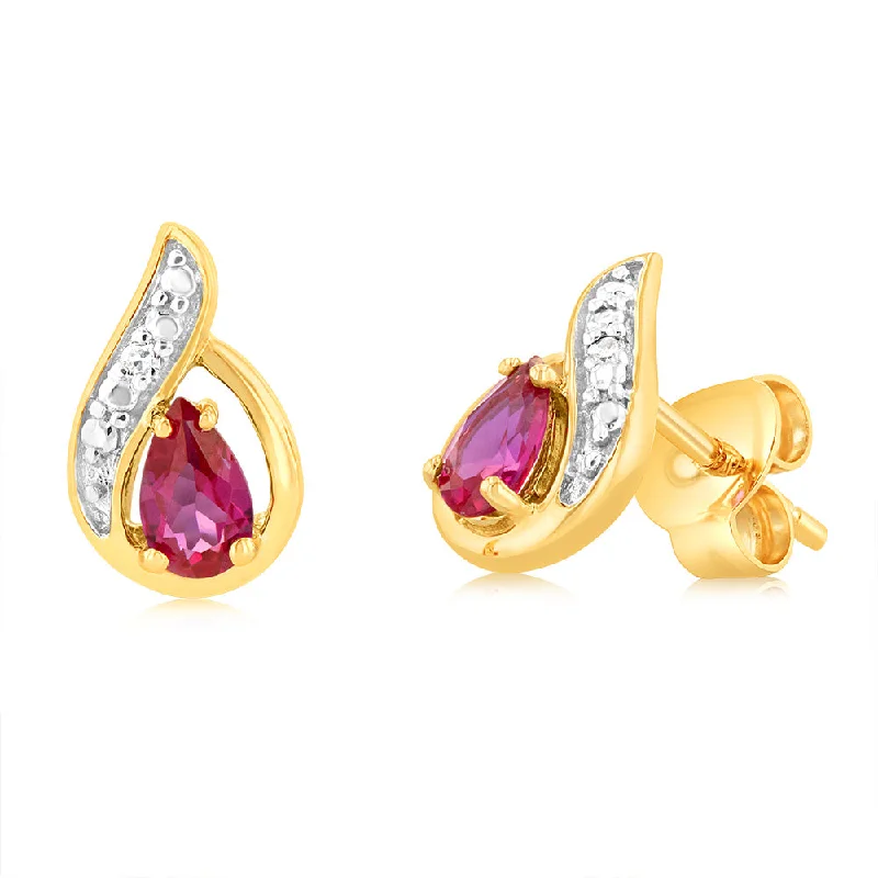 Custom Birthstone Hoop Earrings-Created Ruby 3x5mm Stud Earrings in 9ct Yellow Gold