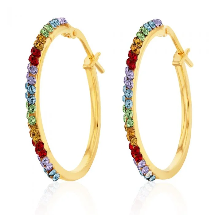 Large Hoop Earrings with Pearls-9ct Silverfilled Yellow Gold Rainbow Multi-Colour Crystal Hoop Earrings