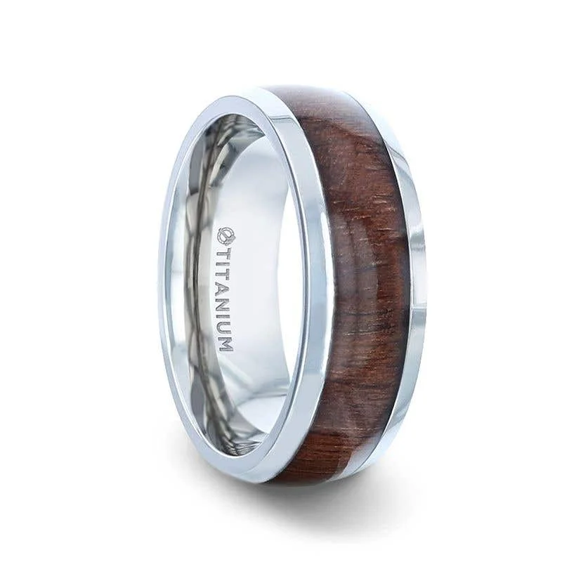 Personalized Family Ring with Multiple Birthstones-Thorsten CARY Black Walnut Wood Inlaid Titanium Domed Polished Finish Men's Wedding Ring With Beveled Edges - 8mm