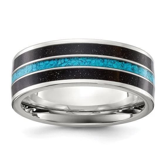 Designer Wedding Ring Set with Diamonds and Sapphires-Titanium Turquoise and Black Star Sandstone Inlay 8mm Band