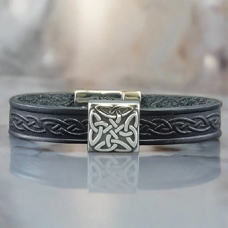 Classic Gold Bracelet with Birthstone Charms-Braden Black Celtic Cuff Leather Bracelet