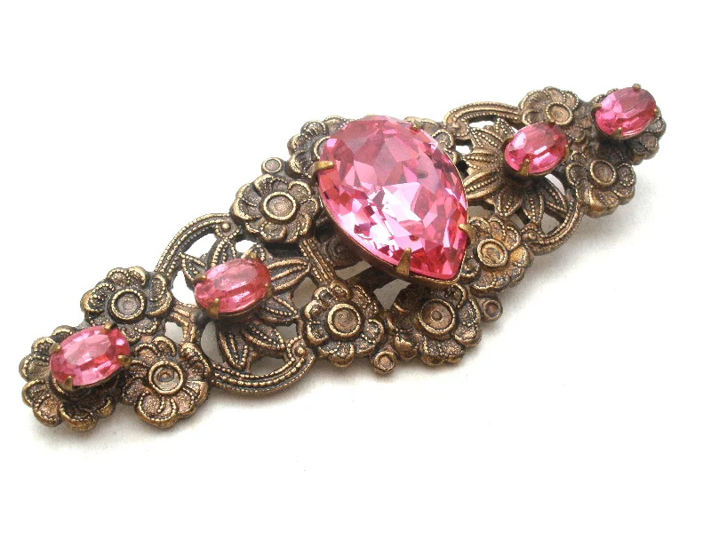 Retro Brooch With Pearls-Vintage Brass Flower Brooch Pin With Pink Rhinestones