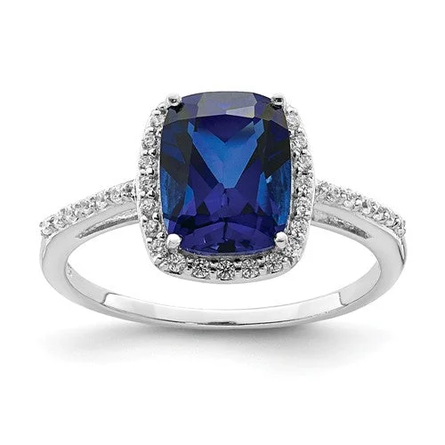 Designer Silver Ring for Fashion Lovers-Sterling Silver Cushion Cut Lab-Created Blue Sapphire & CZ Halo Ring