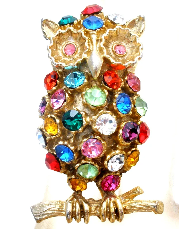 Gold Brooch For Special Occasions-Multi Color Rhinestone Owl Brooch Pin Vintage