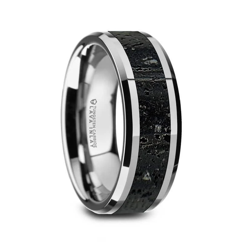 Customizable Wedding Ring Set for Brides and Grooms-Thorsten KILAUEA Tungsten 8mm Wedding Band with Black & Gray Lava Rock Stone Inlay & Polished Beveled Edges