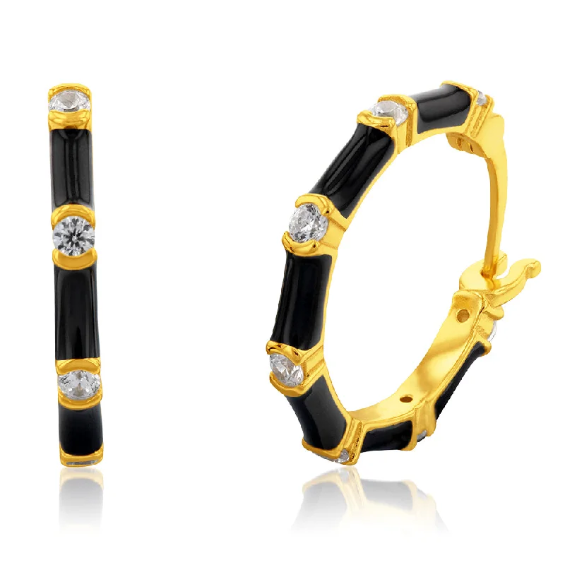 Bold Crystal Earrings for Parties-Sterling Silver Gold Plated Cubic Zirconia Black Enamel Creole Earrings