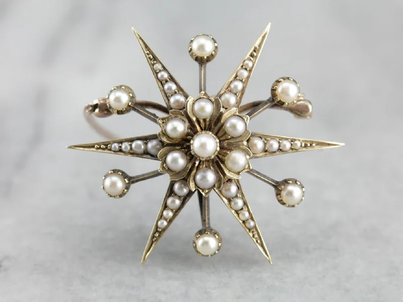 Elegant Gold Brooch Pin-Antique Seed Pearl Starburst Brooch