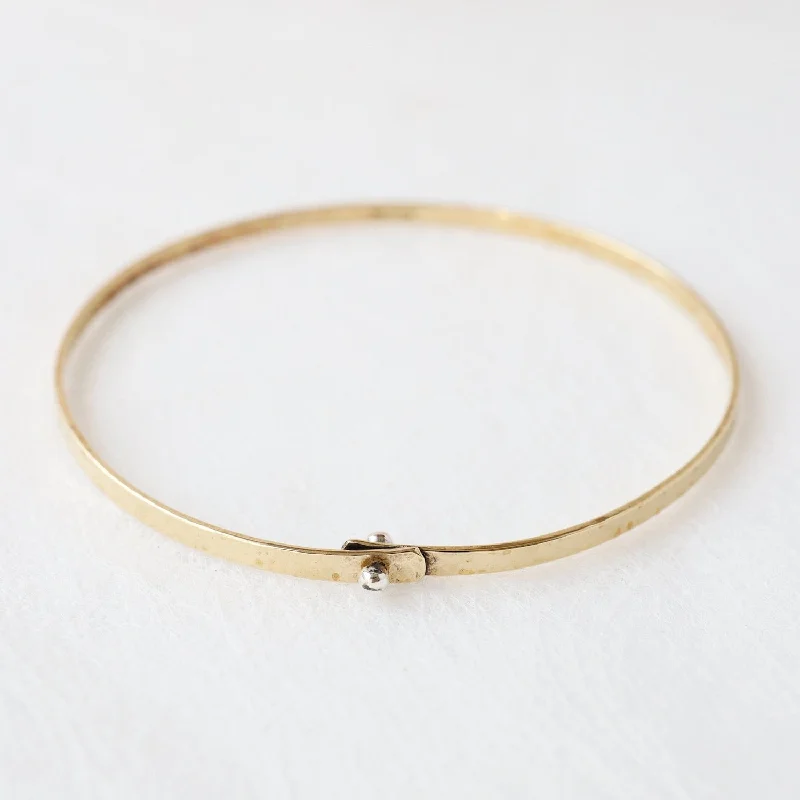 Custom Rose Gold Bangles with Floral Accents-Flat Brass Bangle Bracelet with Tiny Sterling Silver Rivet