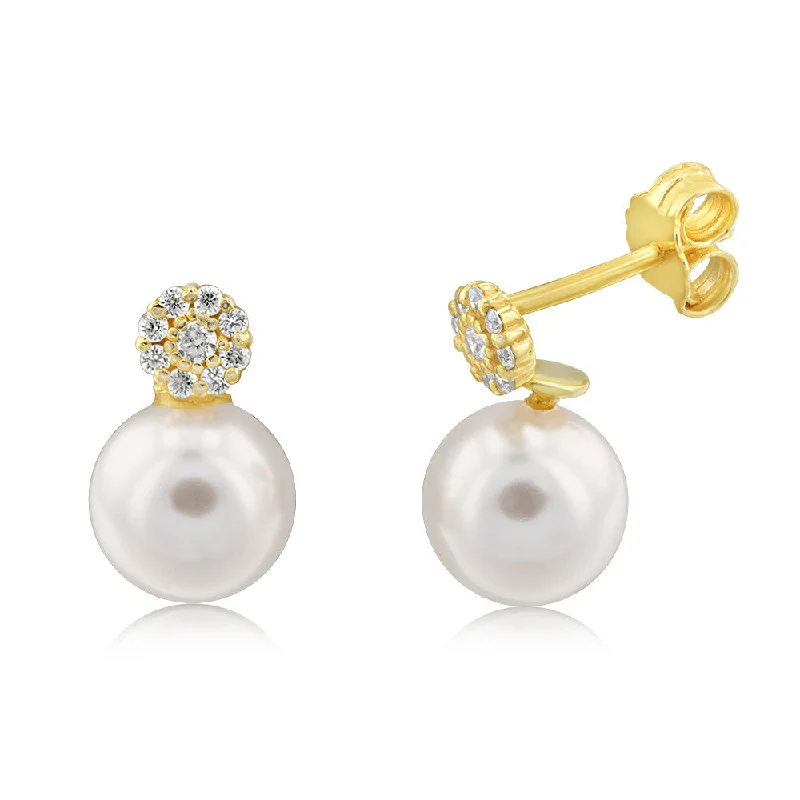 Bold Gold Drop Earrings-Sterling Silver Gold Plated Pearl And Cubic Zirconia Stud Earrings