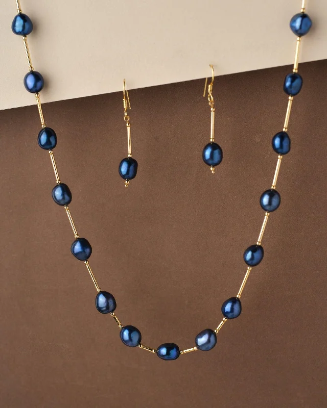 Simple Silver Pendant Necklace for Women-Fancy Dark Blue Pearl Necklace Set