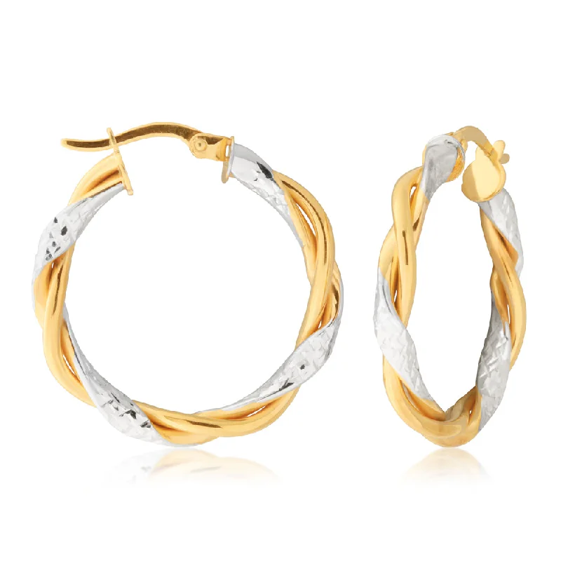 Simple Gold Earrings for Work-9ct Two-Tone Gold-Filled Diamond Cut Twist Hoop Earrings