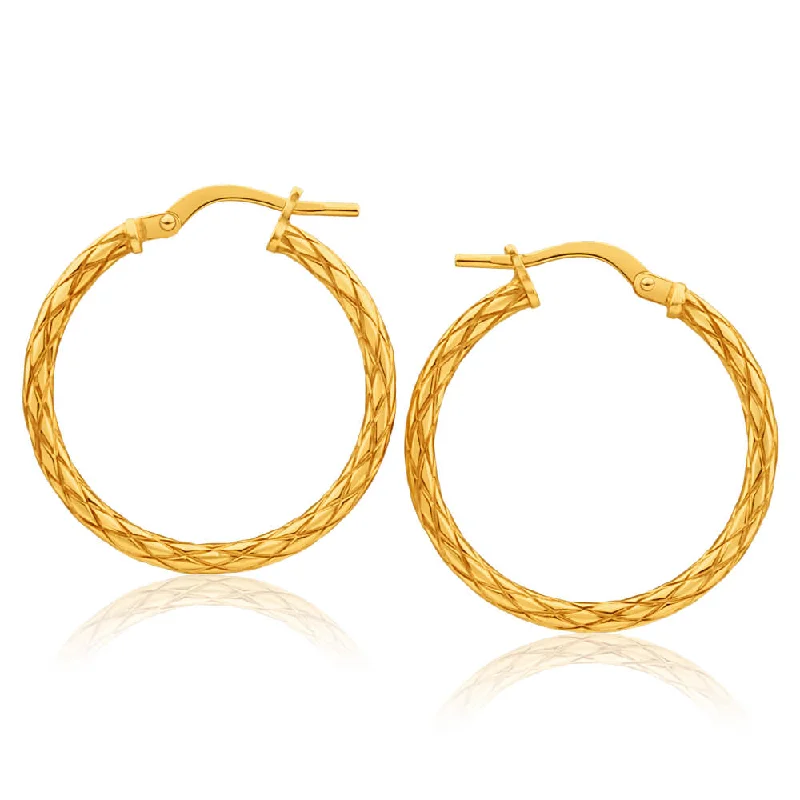 Statement Pearl Earrings for Women-9ct Yellow Gold Silver Filled Patterned 20mm Hoop Earrings