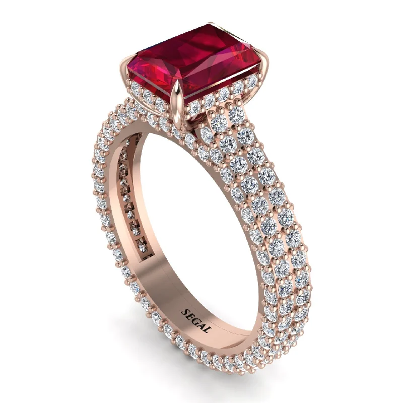 Custom Heart-shaped Ring with Diamond Accent-Radiant Cut Ruby Pave Engagement Ring - Kenzie No. 11