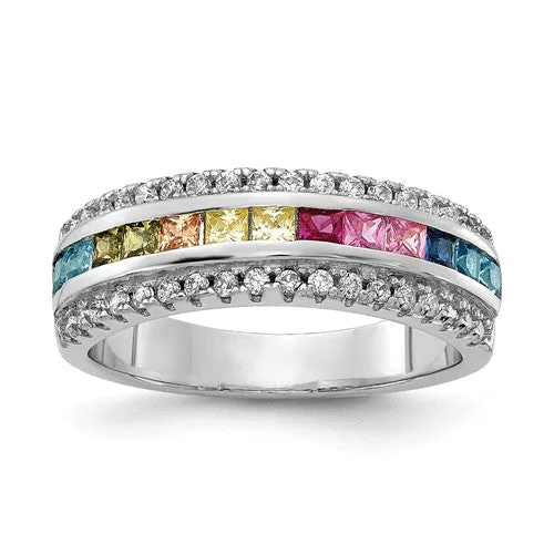 Custom Engagement Ring with Heart-Shaped Gemstone-Sterling Silver Multi Color Rainbow Princess Square Channel Set CZ Ring