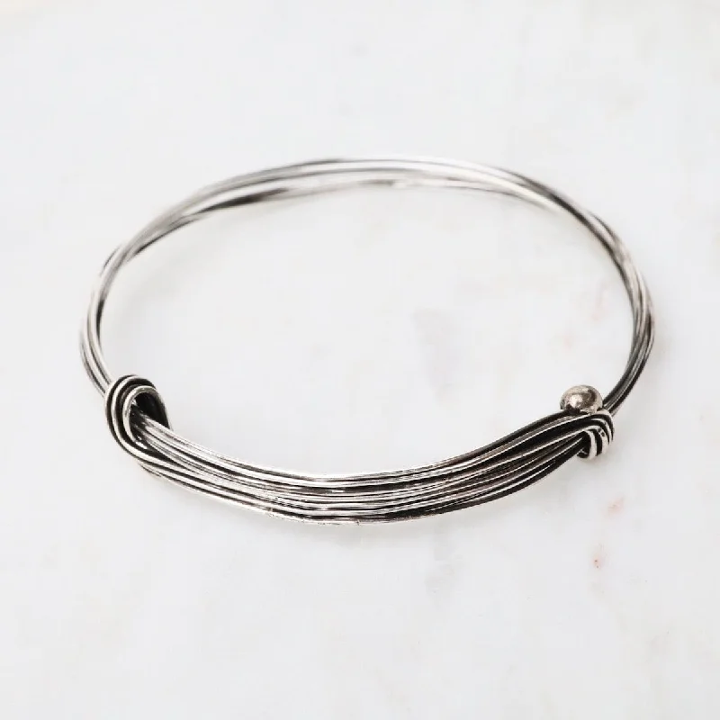 Trendy Silver Bangles with Minimalist Design-Elephant Hair Inspired Bangle - Oxidized Sterling Silver - 7 Lines