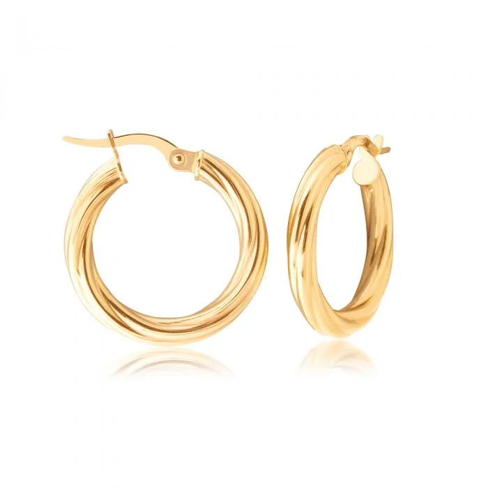 Large Crystal Earrings-9ct Yellow Gold 15mm Twist Hoop Earrings