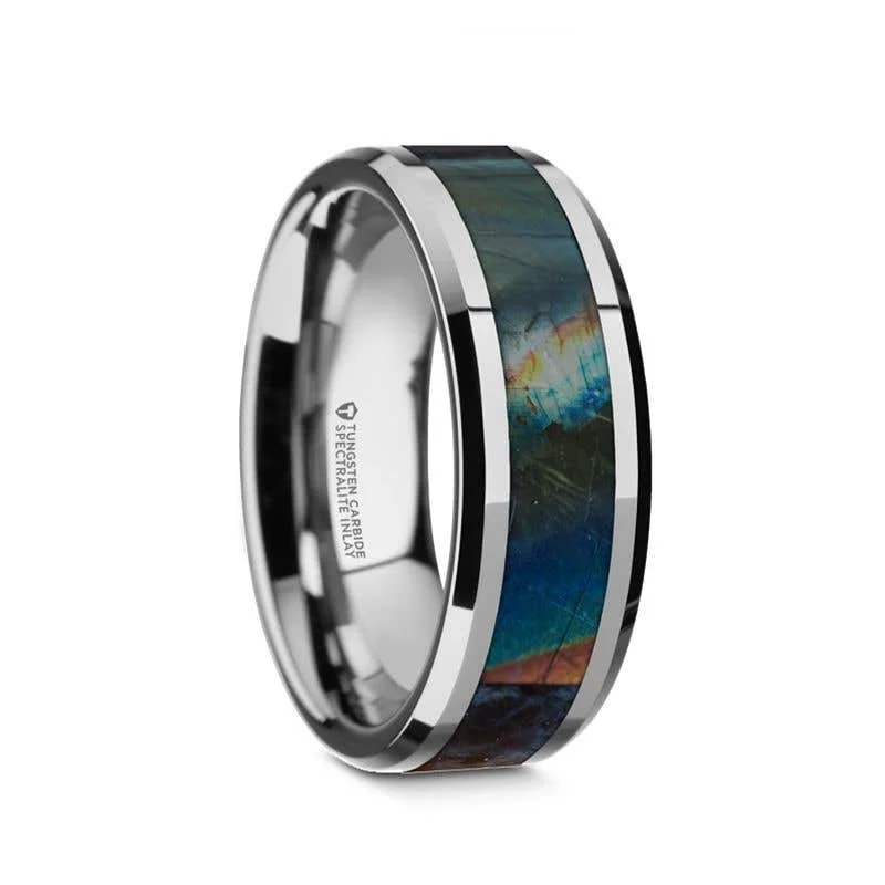 Trendy Band Ring with Gemstone for Everyday Use-Thorsten ESSENCE Beveled Tungsten Carbide Wedding Ring with Spectrolite Inlay Polished Finish - 8mm