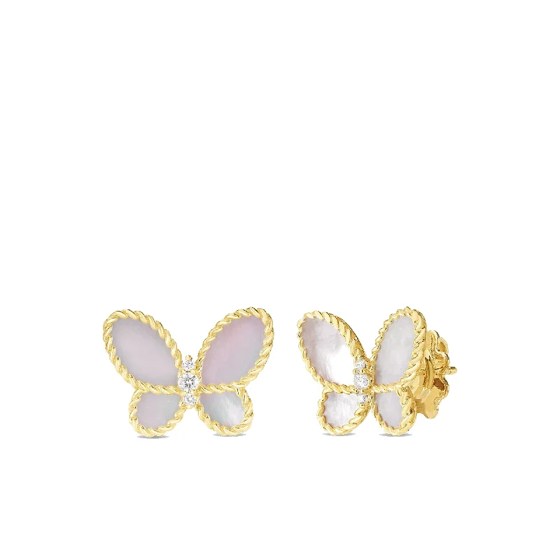 Minimalist Silver Earrings for Women-Roberto Coin 18K Yellow Gold Jasmine Butterfly Diamond and Mother of Pearl Stud Earrings