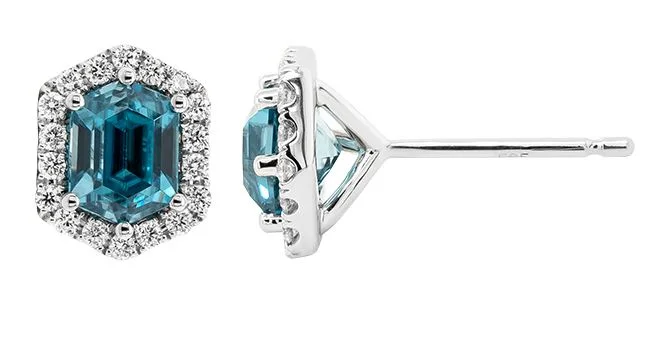 Elegant Earrings with White Pearls-14k White Gold Elongated Hexagon Step Cut Blue Zircon & Diamond Halo Stud Earrings