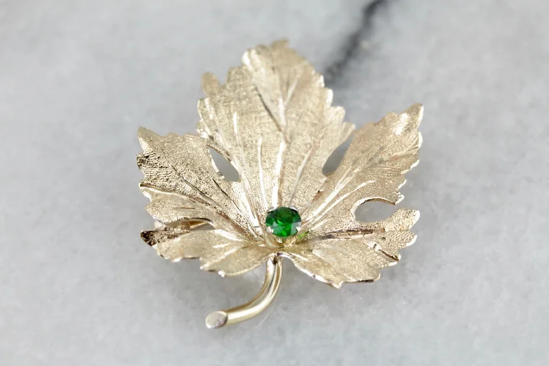 Sparkling Crystal Brooch For Dresses-Golden Leaf Brooch with Demantoid Garnet Center