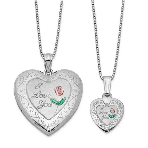 Classic Pendant Necklace with Diamond Accents-Sterling Silver 'I Love You' Rose Heart Mother & Daughter Locket Set