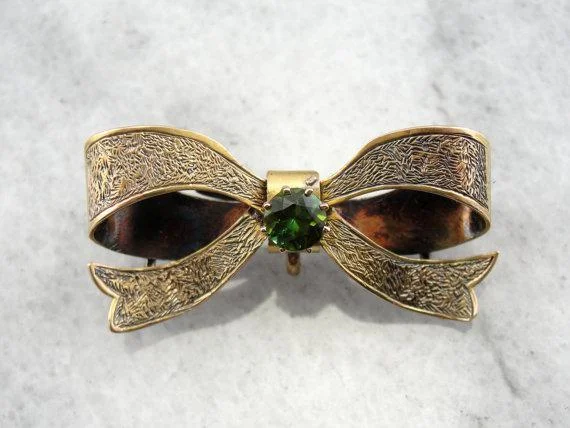 Custom Brooch For Special Events-Sweet Antique Bow Brooch with Green Tourmaline