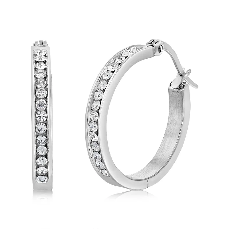 Modern Pearl Earrings for Weddings-Stainless Steel 25mm Half Circle Crystal Hoop Earrings