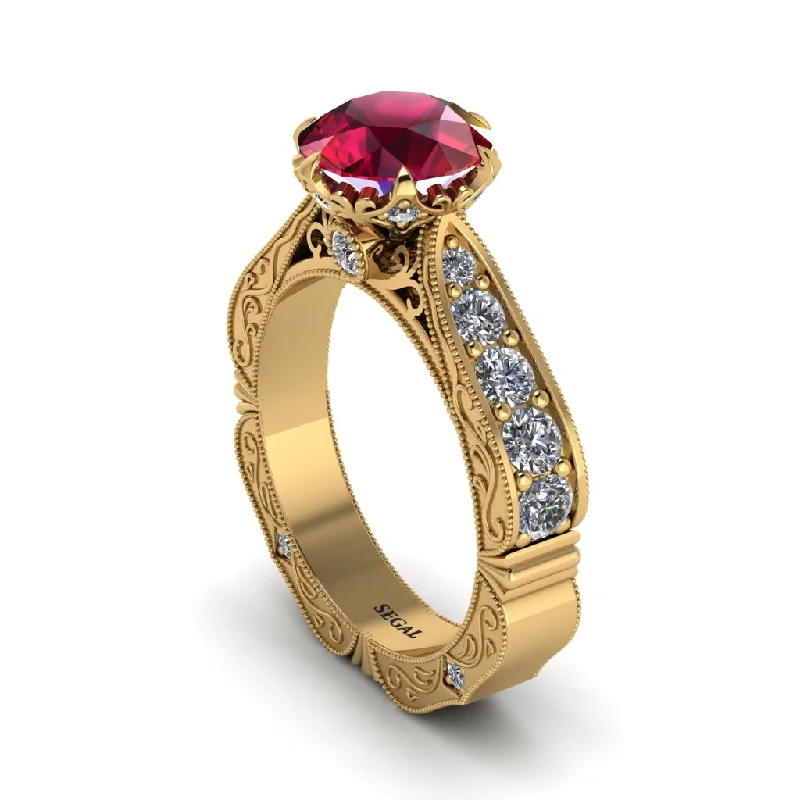 Classic Men’s Wedding Band with Simple Engraving-Ruby Victorian Scroll Engagement Ring - Kehlani No. 10