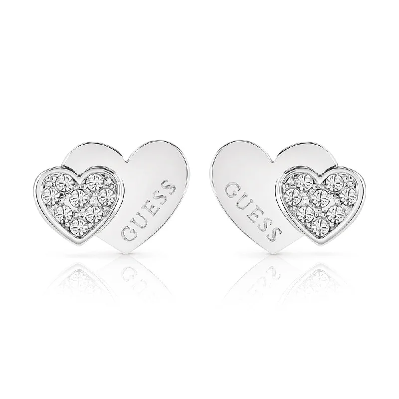 Elegant Crystal Earrings for Evening Events-Guess Stainless Steel Double Heart Pave Stud Earrings